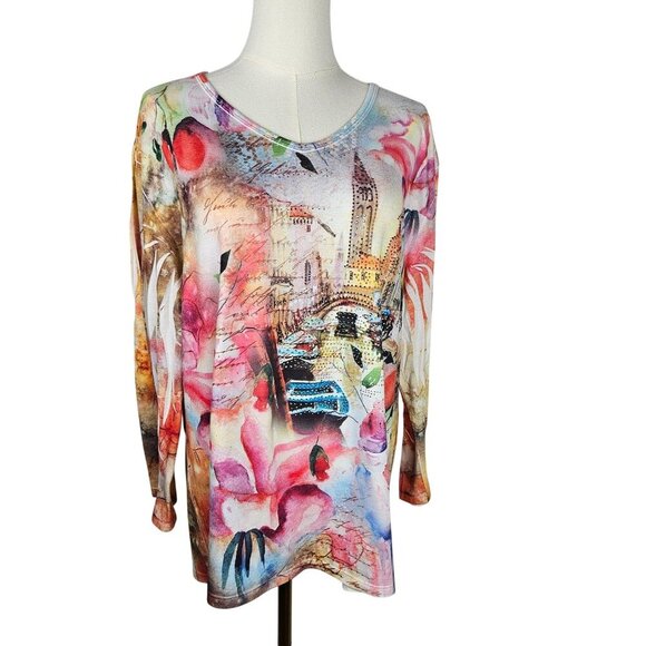 Jess & Jane Venice Alley Top XL Floral Long Sleeve Tunic Made In USA - Picture 1 of 8